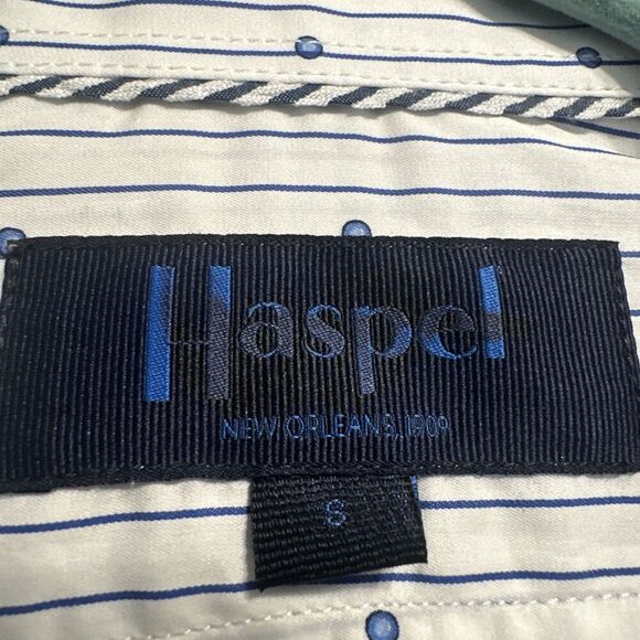 Haspel Co New Orleans Button Up Dress Shirt Men Size Small White Blue Geometric - Picture 4 of 10